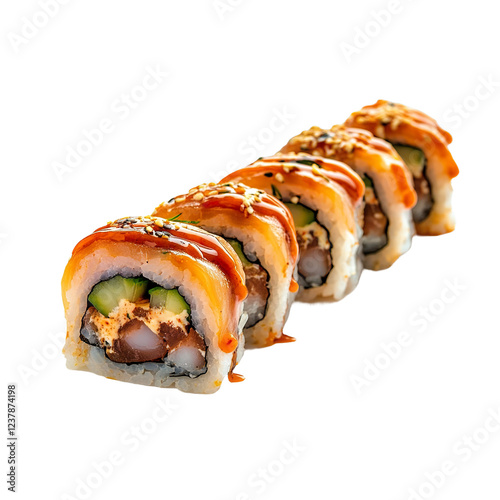 Spicy tuna roll with Sriracha mayo on a plate, showcasing a clean and sleek presentation, isolated on white background photo