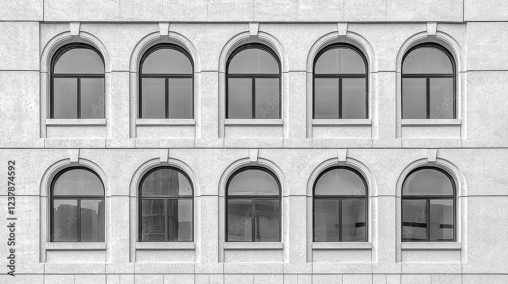 Obraz premium Grey Stone Building Facade With Repeating Arched Windows