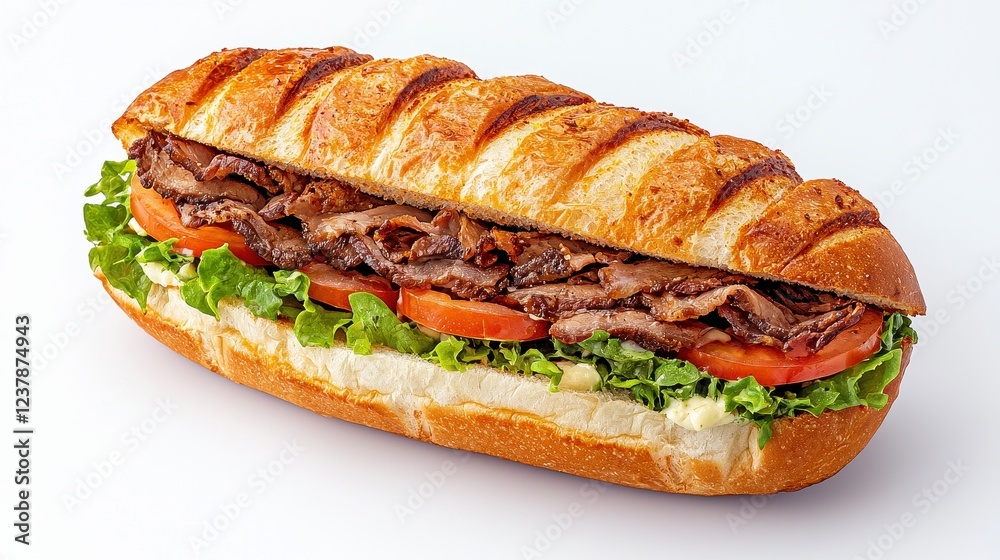 Grilled Steak Sandwich on Toasted Baguette with Lettuce and Tomato Grilled Steak Sandwich on Toasted Baguette with Lettuce and Tomato
