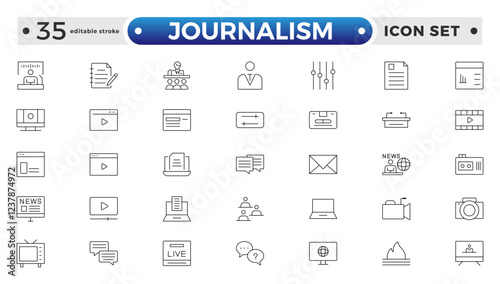 Journalism icon set. Containing journalist, news, microphone, interview, reporter, podcast, press badge, newspaper, and radio. Editable stroke outline icon.