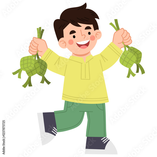 Illustration of a boy holding Indonesian food ketupat