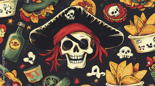 Tex mex mexican pirates and corsairs characters seamless pattern. Fabric or textile vector seamless print with tacos, burritos and tequila, nacho, enchilada and jalapeno filibuster funny personages