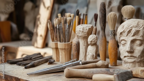 Sculptor's Workshop: A collection of carving tools and unfinished sculptures rests on a workbench, showcasing the artist's process and the textures of wood and stone.