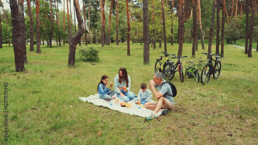 Family of four enjoys picnic on blanket in green forest after bike ride. Parents and children eat sandwiches and fruit. Concept: family bonding, outdoor leisure, healthy lifestyle, nature connection. Family of four enjoys picnic on blanket in green forest after bike ride. Parents and children eat sandwiches and fruit. Concept: family bonding, outdoor leisure, healthy lifestyle, nature connection.