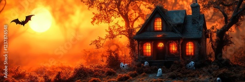 Spooky Halloween Sunset: Haunted House, Bats, and Ghosts photo