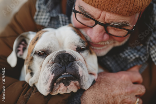 elderly white man hugging adult english bulldog by the neck, close-up portrait of owner and pet
