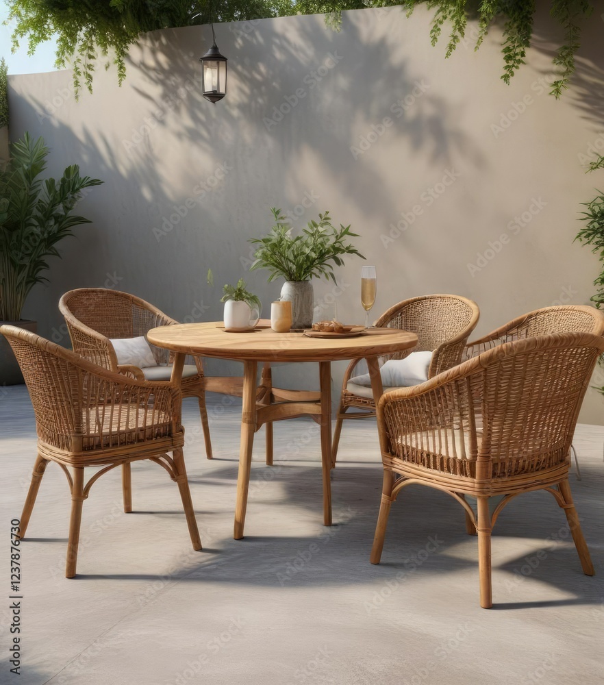 Fototapeta premium Stylish outdoor furniture set with wicker chairs and wooden table, alfresco dining, stylish