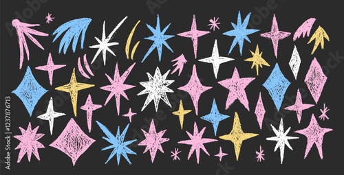 Colorful sparkles stars doodle set. Crayon blings pack on chalkboard. Comets and blinking on night sky by chalk. Vector handdrawn by pencil illustration isolated on black background.