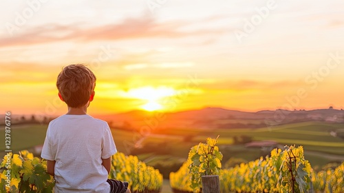 A young boy gazes at a vibrant sunset over a vineyard, surrounded by blooming yellow flowers