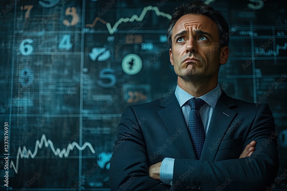 Worried businessman stands in suit with arms crossed, surrounded by falling graphs and financial symbols, conveying a sense of economic crisis