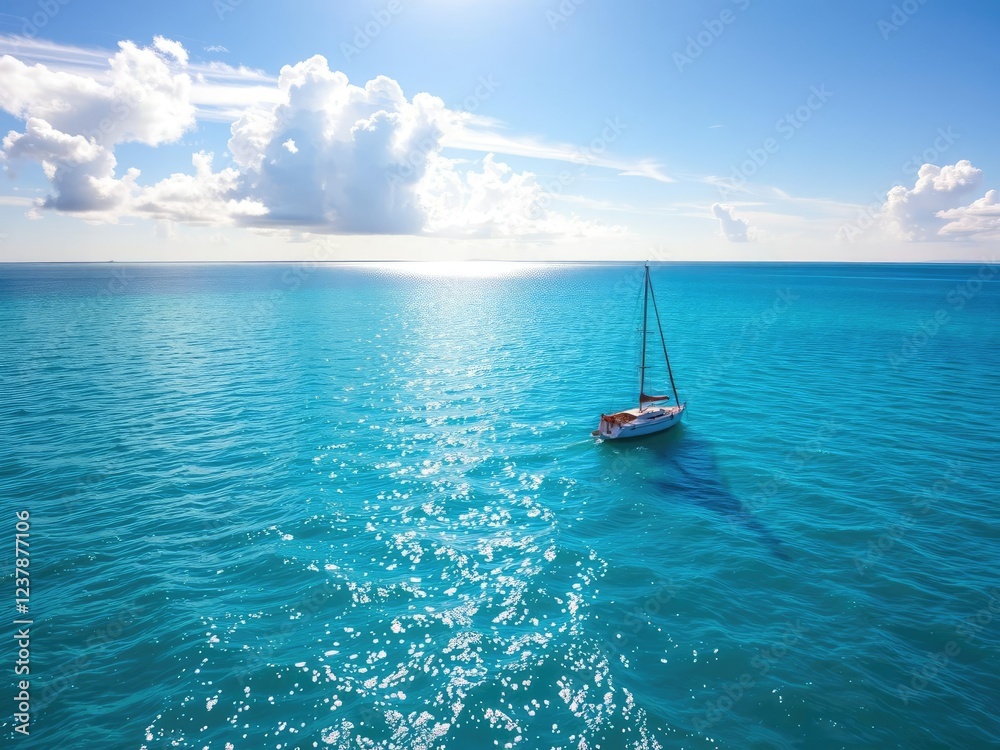 Fototapeta premium Sunny day with sailboat on calm Caribbean waters under brilliant blue sky, sailboat, horizon, palm tree
