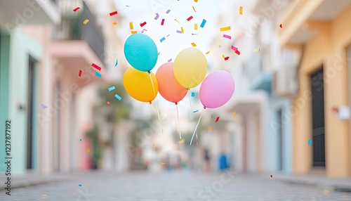 Colorful balloons floating in a festive street, surrounded by confetti, celebrating joy