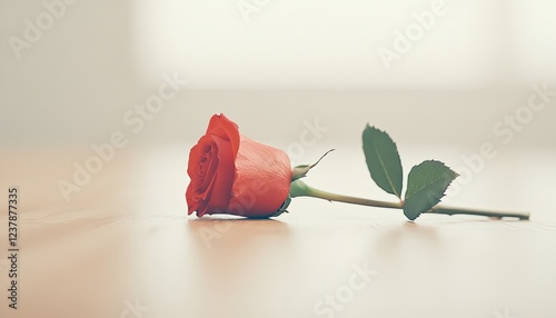 A single red rose elegantly placed on a wooden surface, with soft light illuminating its petals