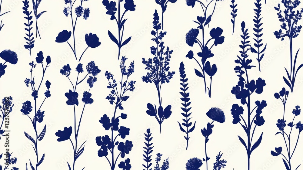 A seamless pattern of blue wildflowers, their silhouettes in stark contrast against the white background, creating an abstract and minimalist design with hints of botanical beauty. A seamless pattern of blue wildflowers, their silhouettes in stark contrast against the white background, creating an abstract and minimalist design with hints of botanical beauty.