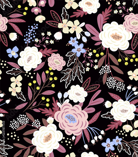 pattern on a colorful background with a  wild  flowers of different sizes artwork for tattoo, fabrics, souvenirs, packaging, greeting cards and scrapbooking
