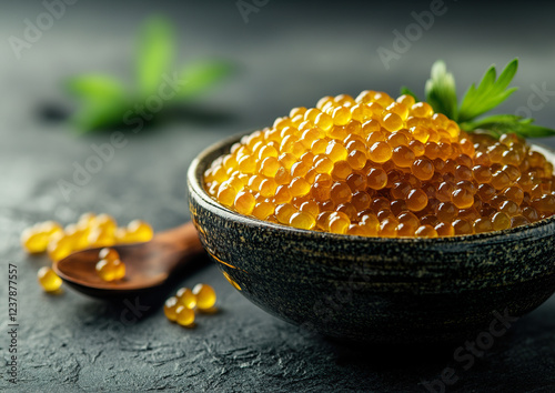 Almas caviar with golden pearls served elegantly on a porcelain dish, high-quality food photo, top-down view showcasing the luxurious texture and color contrast. photo