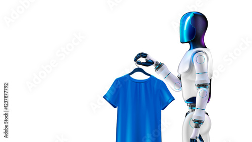 A humanoid robot with artificial intelligence or AI. A humanoid servant robot stacks laundry and hangs a T-shirt on a hanger. An anthropomorphic AI robot does housework holding clothes in his hands.