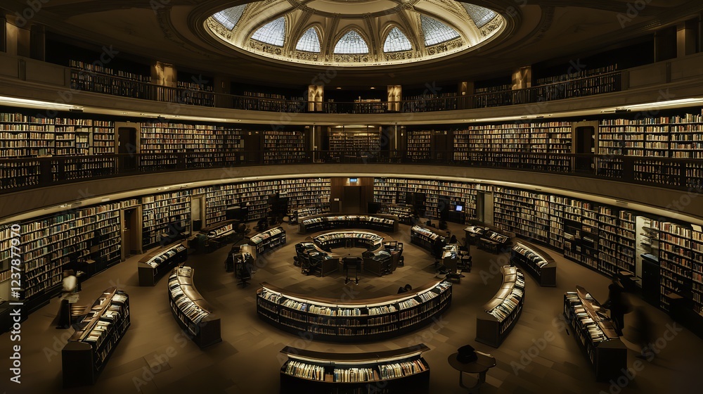 Obraz premium Round bookshelf in a library, warm light, blurred reading tables and people in background, cinematic wide-angle view