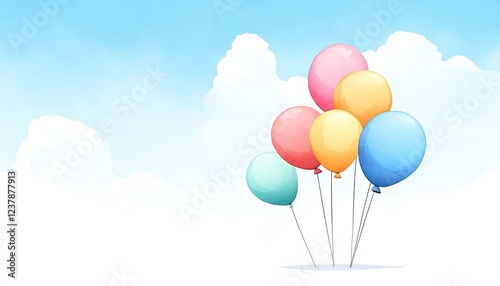 Colorful balloons floating against a bright blue sky with fluffy clouds in the background