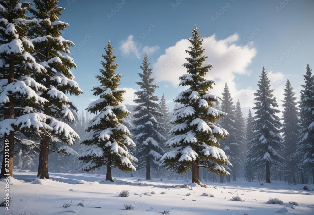 Tall snowy pine trees and a stunning Christmas tree create a serene winter landscape, frosty air, christmas tree Tall snowy pine trees and a stunning Christmas tree create a serene winter landscape, frosty air, christmas tree