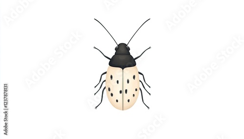 Close-up illustration of a stylized insect with a black head and white body, showcasing details