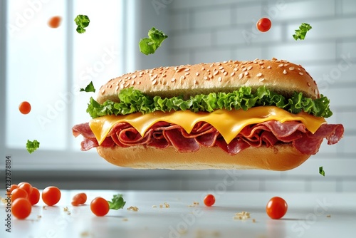 Hoagie sandwich soaring mid-air with scattered ingredients around it, showcasing layers of meat, cheese, and fresh vegetables photo