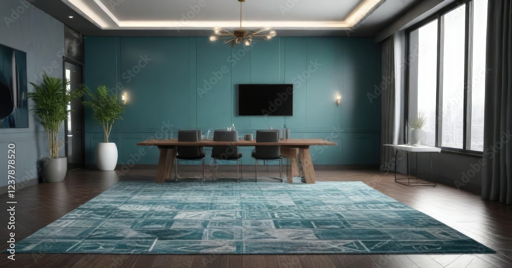 Fototapeta premium Teal and gray geometric patterned rug in conference room, modern, conference room, geometric pattern