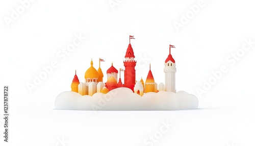 Colorful miniature castle skyline with flags, set against a white background, ideal for children's decor