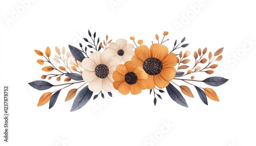 A vibrant floral arrangement featuring orange and cream flowers with green leaves on a white background