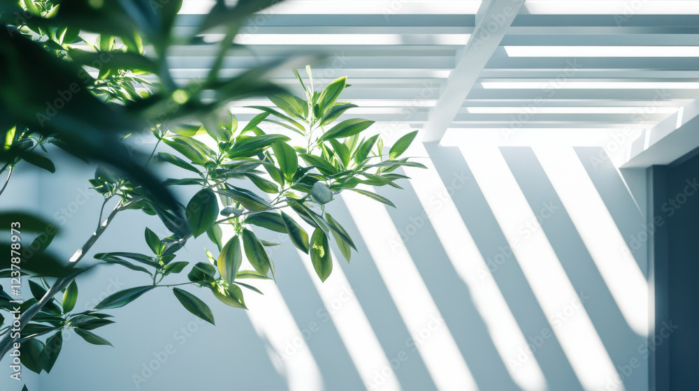 Obraz premium A tranquil courtyard bathed in sunlight, showcasing a smooth white wall with intricate linear shadows from a slatted roof structure