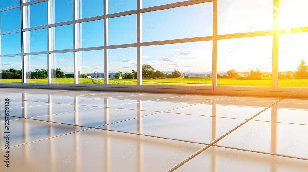 Fototapeta premium Modern Office Space Sunlight View Green Landscape Panoramic Window