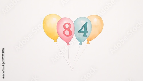 Colorful balloons with numbers 8 and 4, symbolizing a birthday celebration against a plain background