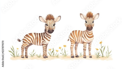 Two adorable zebra foals standing in a grassy area with flowers, showcasing their playful nature