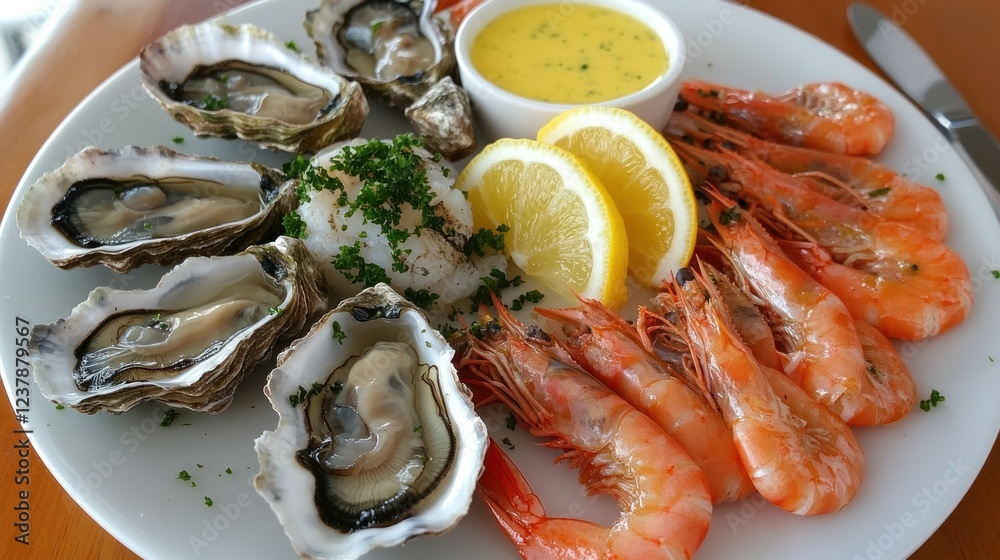 Delicious Seafood Platter: Oysters, Shrimps, Lemon, and Sauce Delicious Seafood Platter: Oysters, Shrimps, Lemon, and Sauce