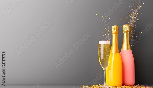Celebration scene with champagne bottles and a glass, colorful confetti in the background