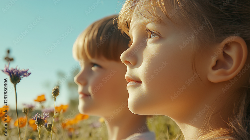 空を希望の眼差しで見つめる子ども二人の横顔のクローズアップ お花畑