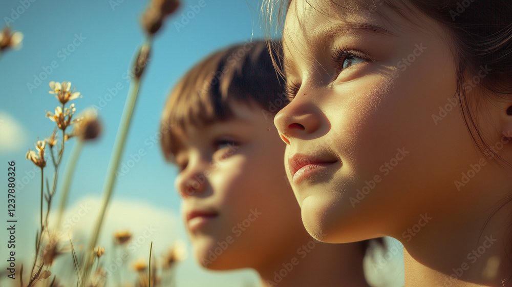 空を希望の眼差しで見つめる子ども二人の横顔のクローズアップ お花畑