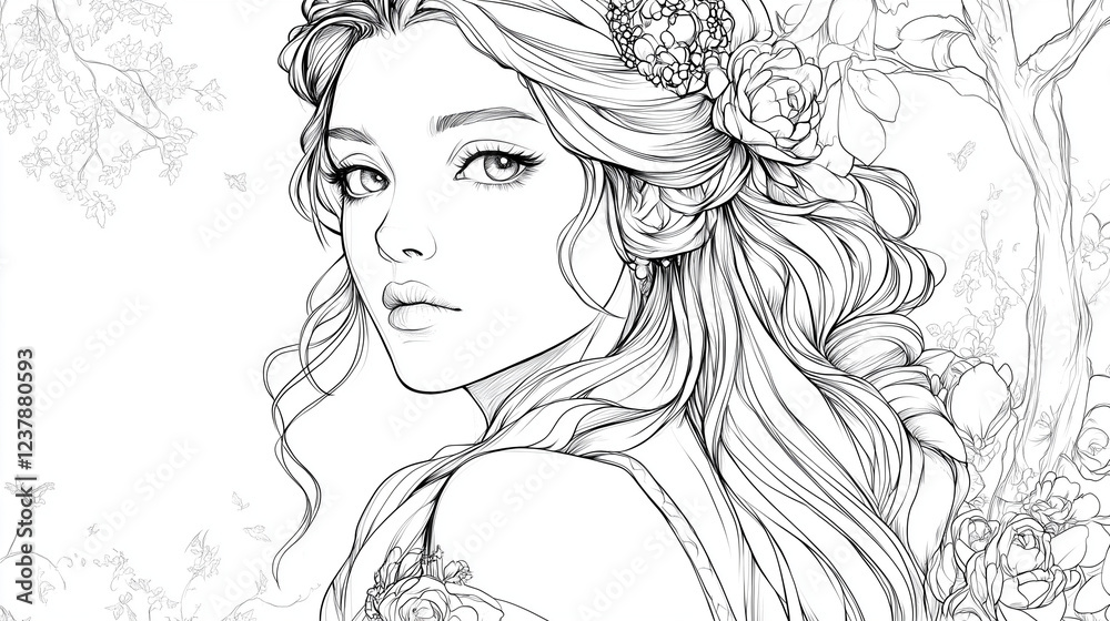 花飾りをつけた凛々しい女性の塗り絵 線画 プリンセス 大人の塗り絵