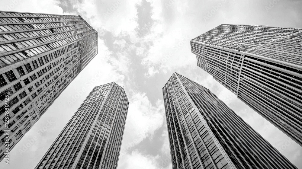 Fototapeta premium Monochrome Low Angle View of Four Skyscrapers Against a Cloudy Sky