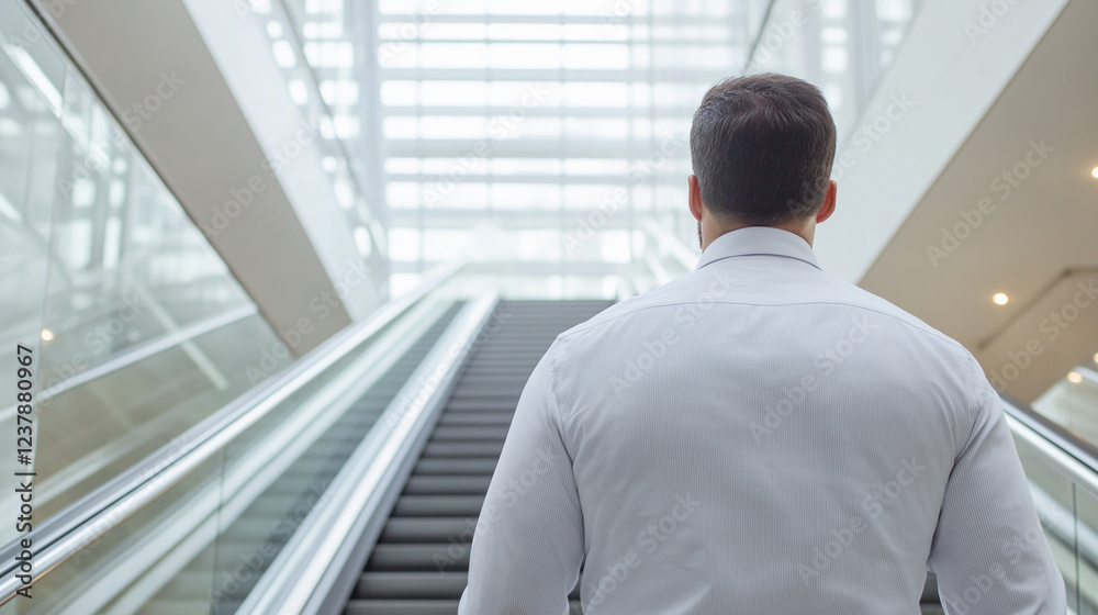 Professional ascending modern escalator in business setting. Ideal for career growth, corporate advancement, and professional journey themes.