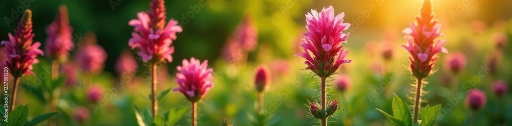 blooming pink flowers on thorny spiked veronica plants, greenery, sun, garden blooming pink flowers on thorny spiked veronica plants, greenery, sun, garden