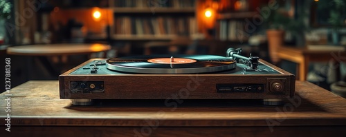 Vintage Turntable on Wooden Table in Cozy Library Setting photo