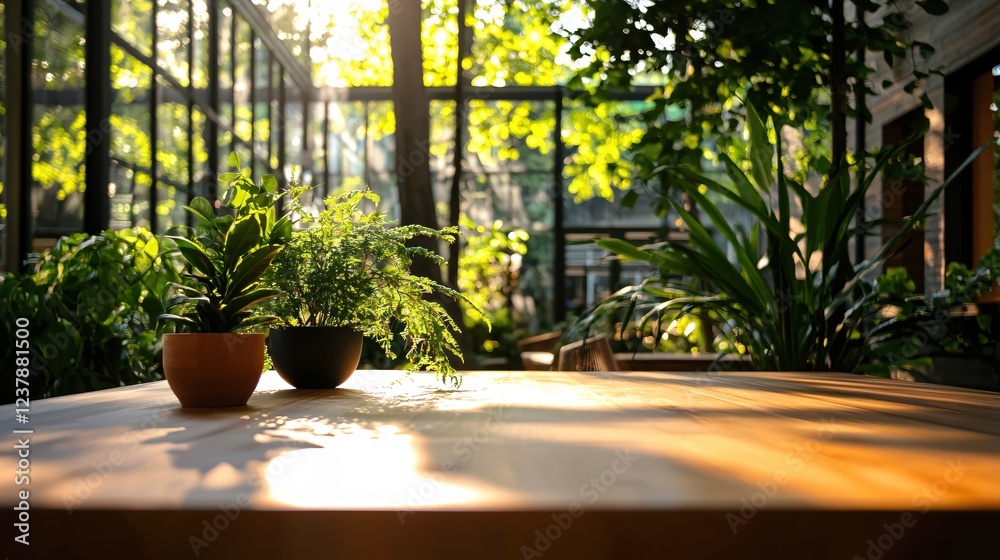 Fototapeta premium Sunlit Wooden Table with Lush Green Plants in a Greenhouse Setting