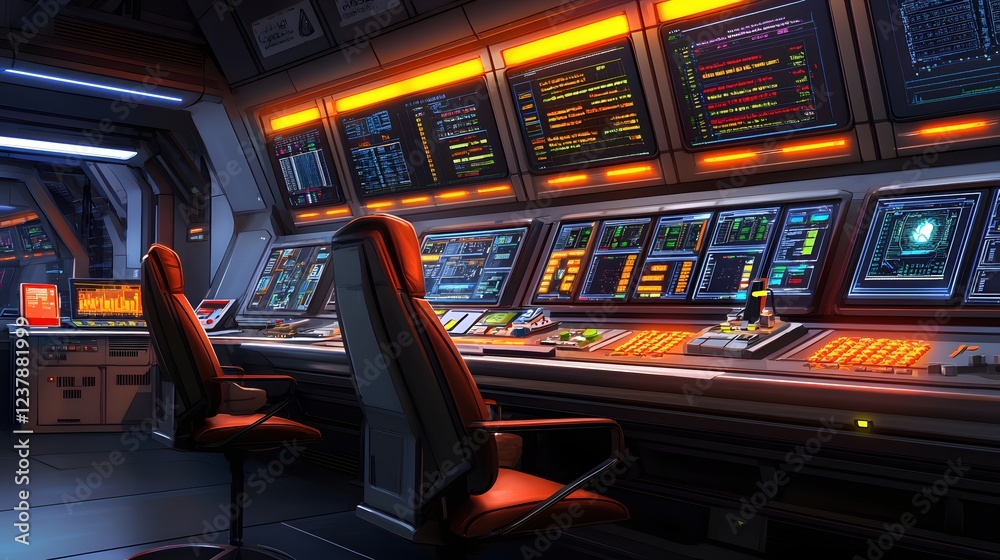 Naklejka premium Futuristic Spaceship Control Room Interior Design Orange Lighting