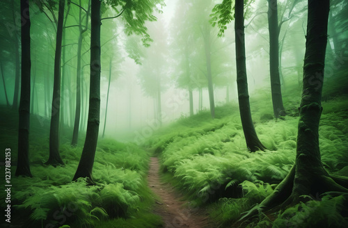green foggy forest landscape