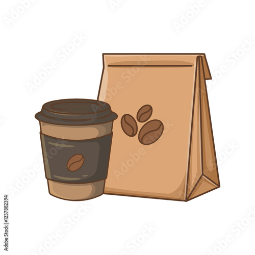 Coffee cup and paper bag icon in cartoon style on a white background