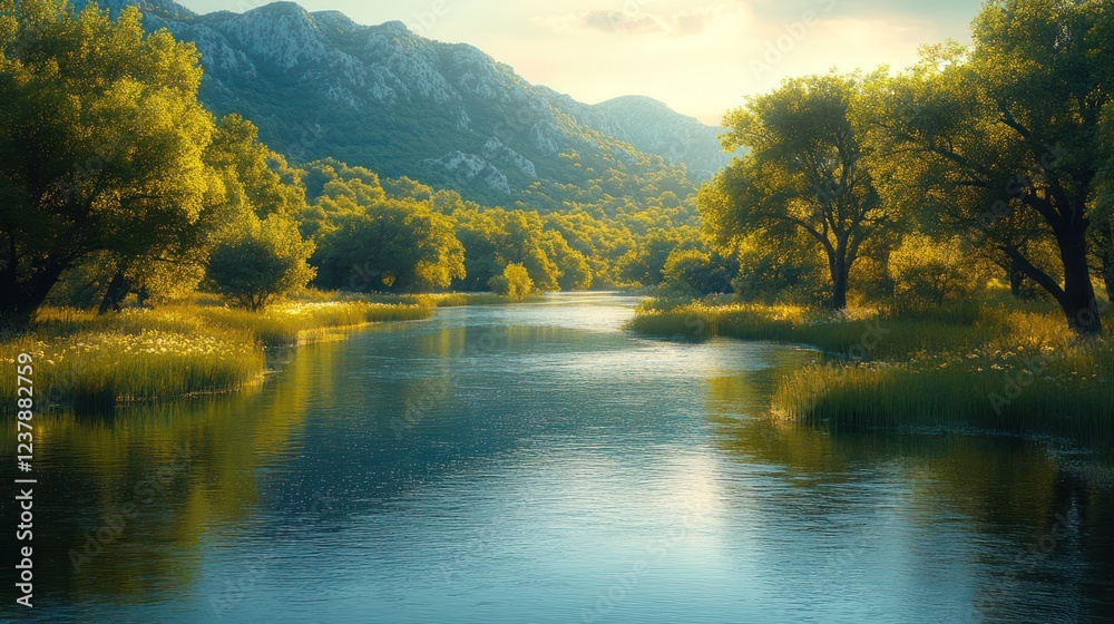 Fototapeta premium Serene River Landscape: Tranquil Waters Reflecting Majestic Mountains