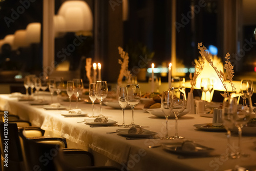 Elegant dining setup with candles at night in a stylish restaurant