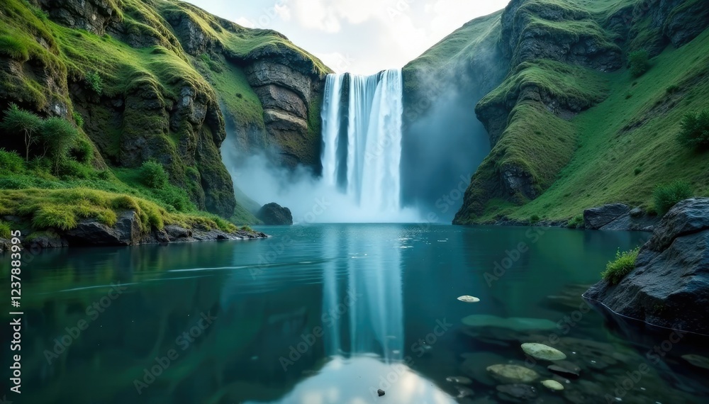 Naklejka premium Reflections on the surface of a calm lake at base of waterfall, peaceful, geysers, waterfall