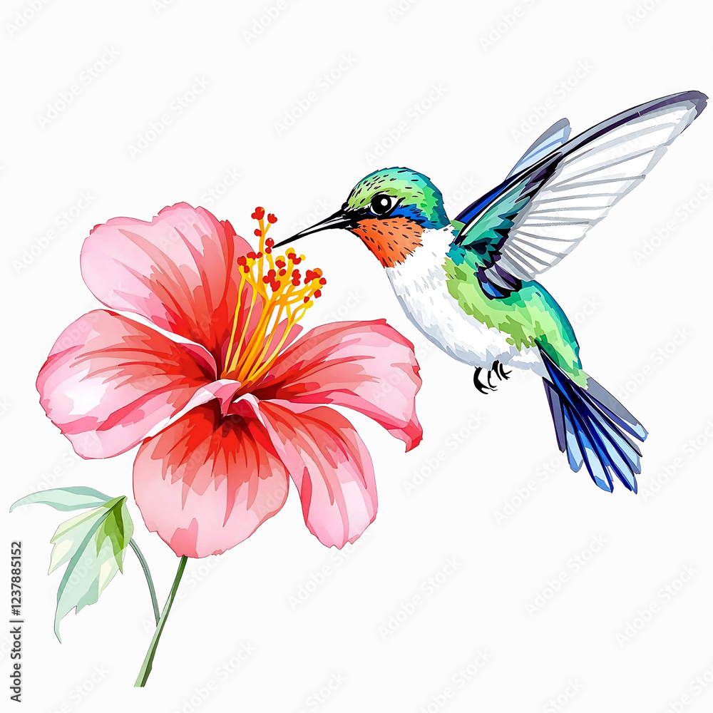 Obraz premium Tiny Hummingbird Sipping Nectar from Red Flower | isolated on white background